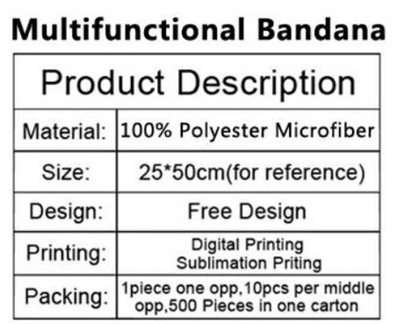 May include: A table showing the product description for a multifunctional bandana. The bandana is made of 100% polyester microfiber and is 25 by 50 centimeters in size. The design is free and the printing options are digital printing and sublimation printing. The packing information is 1 piece per opp bag, 10 pieces per middle opp bag, and 500 pieces per carton.