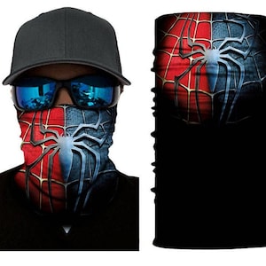 May include: A black and red face mask with a spider web design. The mask has a black background with a red spider web and a black spider in the center. The mask is made of a soft, breathable fabric and is perfect for protecting yourself from the elements.