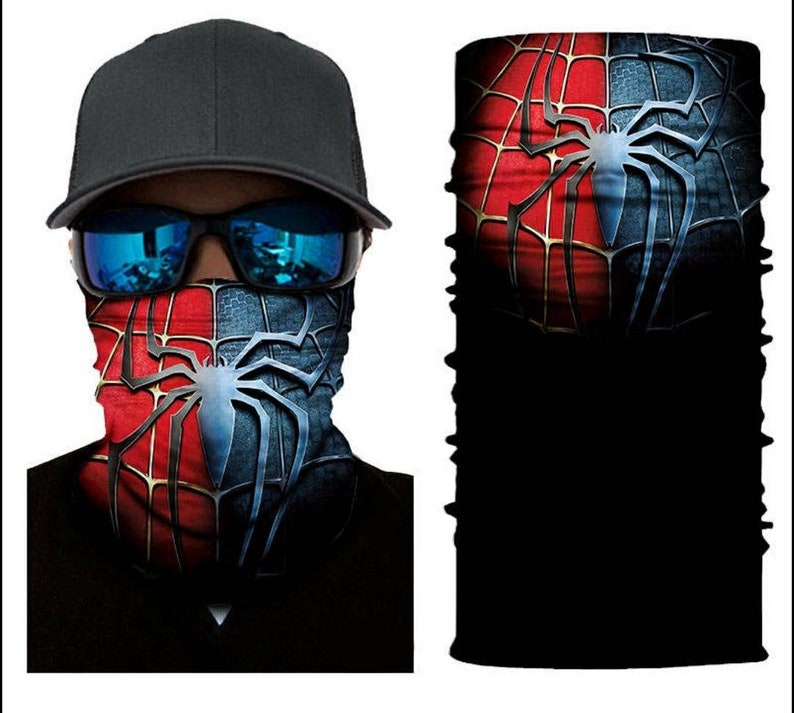 May include: A black and red face mask with a spider web design. The mask has a black background with a red spider web and a black spider in the center. The mask is made of a soft, breathable fabric and is perfect for protecting yourself from the elements.