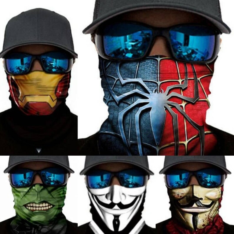 May include: Six different face masks with various graphic designs. The masks are made of a stretchy fabric and are designed to cover the nose and mouth. The designs include a spider web, a skull, a green monster, a superhero, and two different versions of the Guy Fawkes mask.