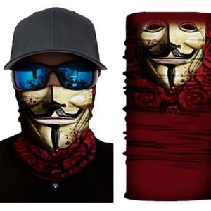 May include: A red and black face mask with a graphic of a stylized face with a mustache and goatee. The face is surrounded by red roses.