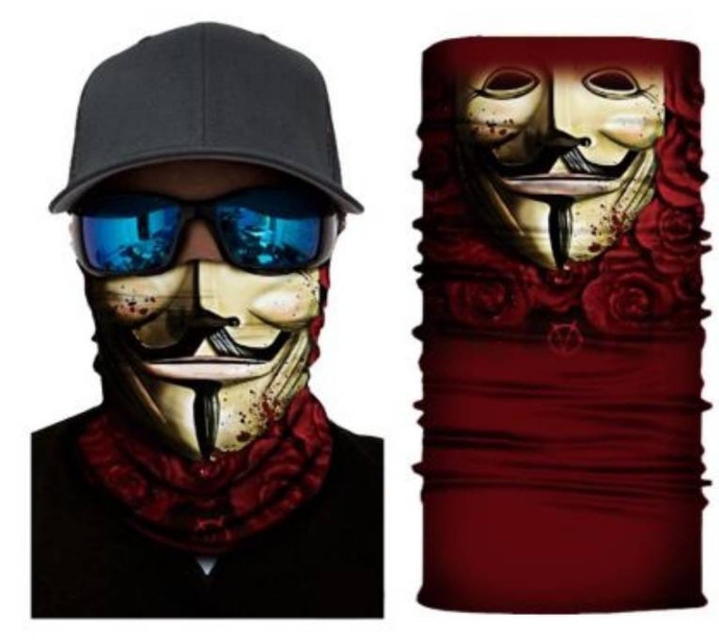 May include: A red and black face mask with a graphic of a stylized face with a mustache and goatee. The face is surrounded by red roses.