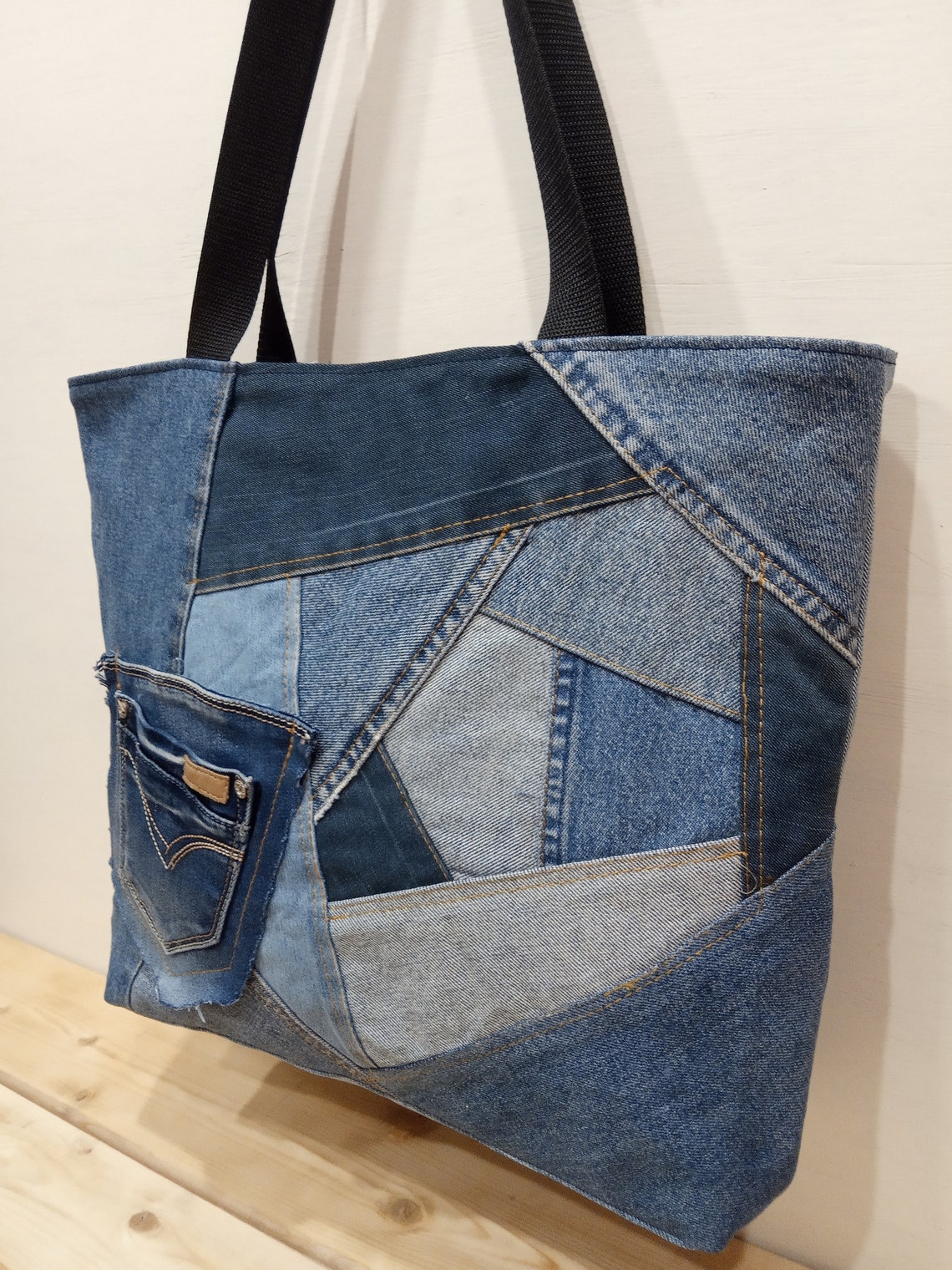 Denim shoulder bag jeans patchwork handbag recycled denim | Etsy