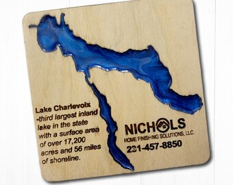 Lake Charlevoix Wood Coasters: Engraved Birch Coaster Set with Box