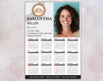 May include: A 2027 real estate calendar featuring a portrait of Samantha Willer, realtor, with contact details including phone number 123-456-7890, address, and email. The layout includes a full-year grid, a logo, and a bottom tagline section.