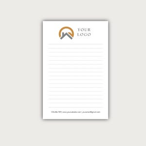 May include: A white notepad with horizontal lines featuring a gold and gray house icon at the top with the text YOUR LOGO. The bottom of the page includes the text 123-456-789 | www.yourwebsite.com | youremail@gmail.com for contact information.