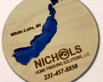 Custom Engraved Wood Magnet, Epoxy Lake Design, Personalized Gift