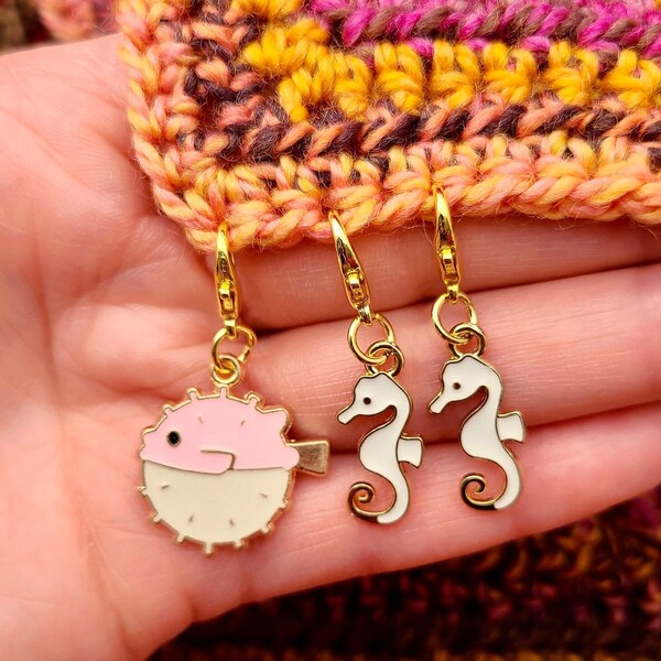 Under the Sea Progress Keepers for Knitting and Crochet. Three Fun and Cute Enamel Charms Stitch Marker Set- Blowfish and Seahorse