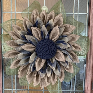 Best Seller! Natural and navy poly burlap wreath. Zinnia petal with navy and natural buffalo plaid. Decor.Flower wreath. Great gift for her!