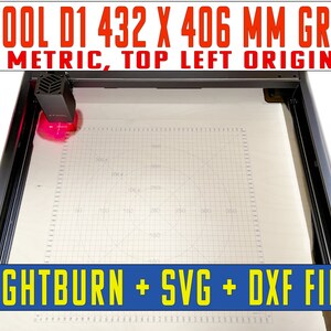 May include: A close-up of a laser cutter with a red laser dot focused on a gridded sheet of paper. The laser cutter is labeled "XTOOL D1 432 X 406 MM GRID METRIC, TOP LEFT ORIGIN". The image also includes the text "LIGHTBURN + SVG + DXF FILE".