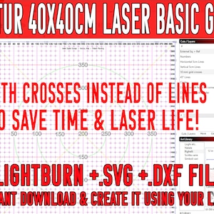 Può includere: Un design di griglia laser di base per laser Ortur 40x40cm. Il design presenta croci invece di linee per risparmiare tempo e durata del laser. Include file Lightburn .SVG e .DXF. La griglia è numerata.