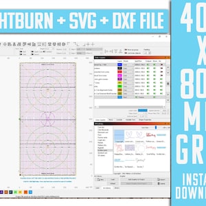 Può includere: Uno schermo del computer che mostra un design a griglia di 400 x 800 mm nel software LightBurn. La griglia è composta da linee orizzontali e verticali, con cerchi e altre forme sovrapposte. L'interfaccia del software include una barra degli strumenti, un pannello dei livelli e una libreria d'arte.