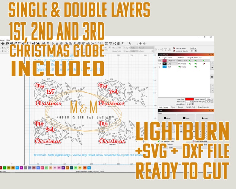 May include: Digital design file for Christmas globe ornaments, featuring single and double layers. Includes SVG and DXF files ready to cut. The design includes text that reads "1st, 2nd, and 3rd Christmas" and "M & M Photo & Digital Design".