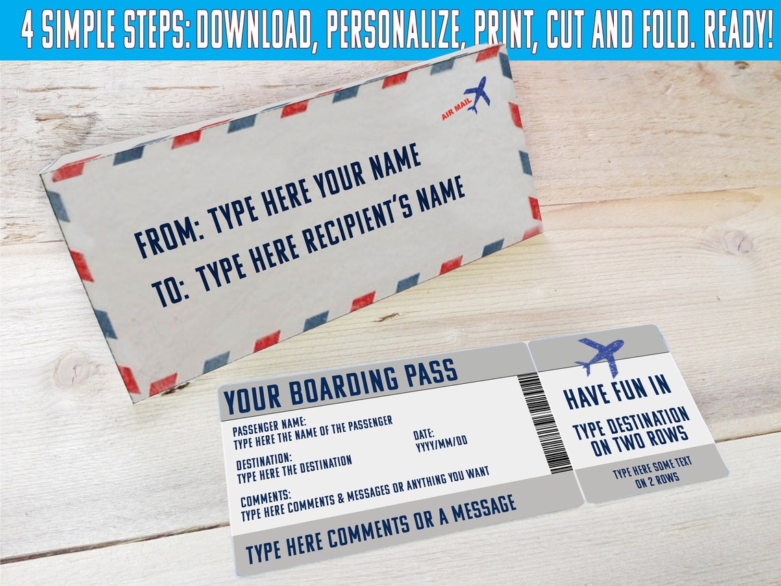 Editable Ticket Template ENVELOPE Boarding Pass Surprise Etsy