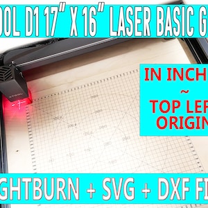 May include: A close-up of a laser engraver with a red laser dot focused on a gridded surface. The grid is labeled "IN INCHES" and "TOP LEFT ORIGIN". The text "XTOOL D1 17" X 16" LASER BASIC GRID" and "LIGHTBURN + SVG + DXF FILE" are visible at the top and bottom of the image.