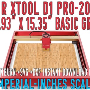 May include: Red laser engraver with a wood cutting surface. The engraving area is 16.93 inches by 15.35 inches. The image includes the text "FOR XTOOL D1 PRO-20W 16.93" X 15.35" BASIC GRID LIGHTBURN +SVG +DXF INSTANT DOWNLOAD FILE IMPERIAL-INCHES SCALE".