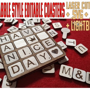 Laser cut File Scrabble game coaster style. Compose text. Ready to cut Lightburn Lbrn + dxf  + svg. Table game for wine beer friends party.