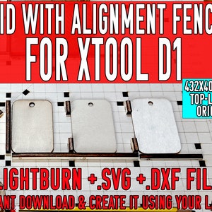 May include: A close-up of three rectangular wooden pieces on a grid with black lines. The pieces are aligned with black fences. The text "GRID WITH ALIGNMENT FENCES FOR XTOOL D1" is at the top of the image. The text "432X406 MM TOP-LEFT ORIGIN" is in a blue box at the top right of the image. The text "LIGHTBURN +.SVG +.DXF FILE" is at the bottom of the image. The text "INSTANT DOWNLOAD & CREATE IT USING YOUR LASER" is at the bottom of the image.