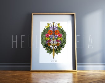 Athena Greek goddess of Wisdom, War and Peace tattoo style language of flowers art print (Made to order)
