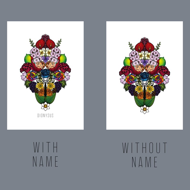 Dionysus Greek god of Wine and Sexuality tattoo style language of flowers art print Made to order