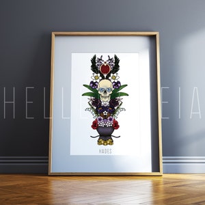 A3 Hades Greek god of the Underworld tattoo style language of flowers art print (Made to order)