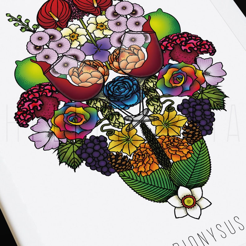 Dionysus Greek god of Wine and Sexuality tattoo style language of flowers art print Made to order