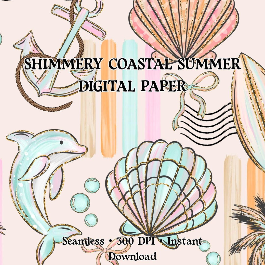 Shimmery Pastel Coastal Summer Digital Paper | Beach Seamless Pattern ...