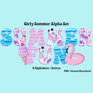 Könnte beinhalten: Digitalgrafik mit den Worten "SUMMER FUN" in bunten, gemusterten Buchstaben. Die Buchstaben sind mit Eiswaffeln, Strandartikeln und Wassermotiven verziert. Ein rosa Flamingo ist ebenfalls abgebildet. Der Text lautet "Girly Summer Alpha Set" und "4 Alphabets + Extras".
