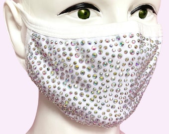 White Diamante Face Mask Crystal Sparkly Gemstone Glitter Rhinestone Glamourous Unique Fashion Statement Washable Reusable Face Covering