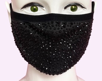 Black Diamante Face Mask Crystal Sparkly Gemstone Glitter Rhinestone Glamourous Unique Fashion Statement Washable Reusable Face Covering