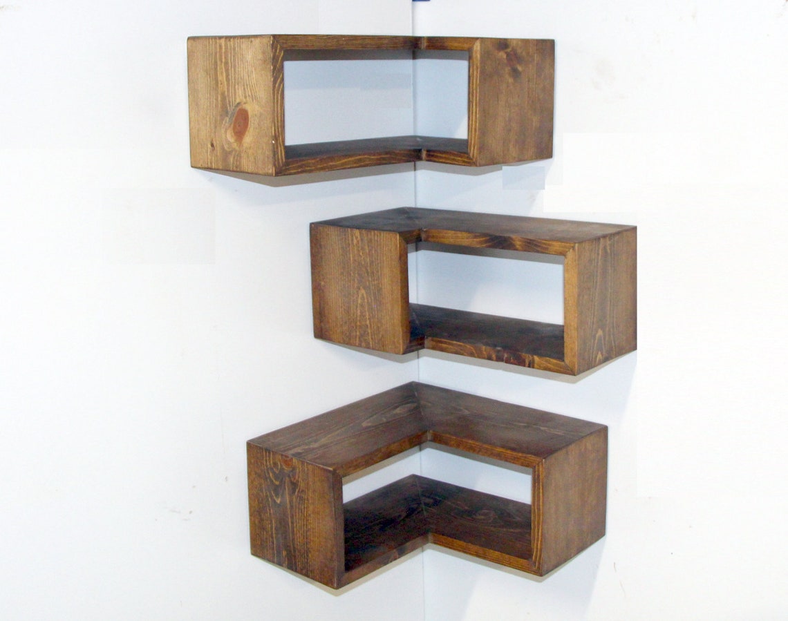 Set of 3 shelves. Modern corner shelf. Floating Wrap Around Etsy