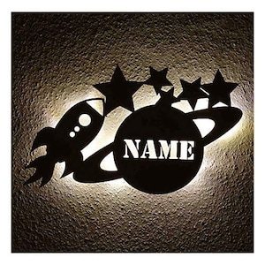 May include: A black metal wall decor featuring a rocket, a planet with the word "NAME" on it, and stars. The decor is lit up with white light.