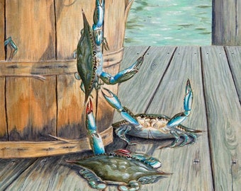 The Great Escape, signed 11 x 14 giclee print, Maryland blue crab, Chesapeake Bay, water scene, bushel basket, wood dock,