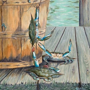 The Great Escape, signed 11 x 14 giclee print, Maryland blue crab,  Chesapeake Bay, water scene, bushel basket, wood dock