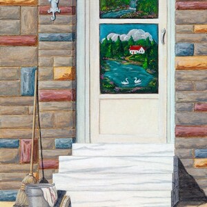 May include: A painting of a white door with a window featuring a landscape scene. The door has a white trim and is set against a brick wall. There are two brooms and a bucket in front of the door.