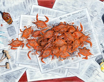 May include: A painting depicting a pile of cooked crabs on top of a stack of newspapers. The newspapers feature the headline "Deaths, Our Orioles!!! The New American League's Win A.L. Pennant!" Other items on the table include a bottle of spirits, a roll of kitchen paper, a can of fizzy drink, and a glass of beer.