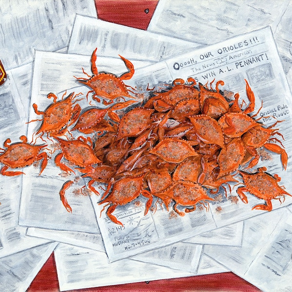 Summer's End 1966, 6 x 12 signed giclee print, Steamed crabs, Natty Boh beer, Baltimore Orioles, Maryland, Maryland artist, crab feast