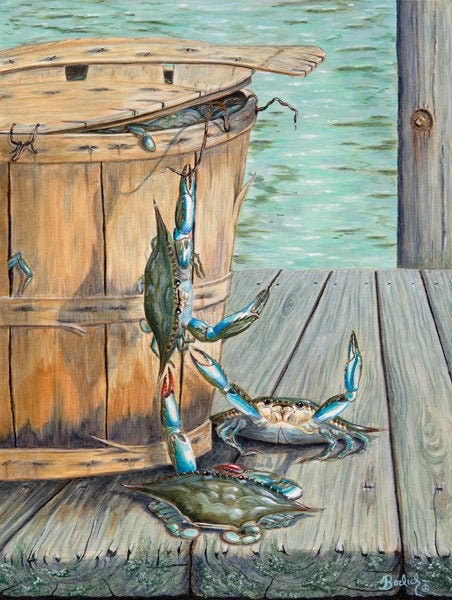The Great Escape, signed 11 x 14 giclee print, Maryland blue crab, Chesapeake Bay, water scene, bushel basket, wood dock,
