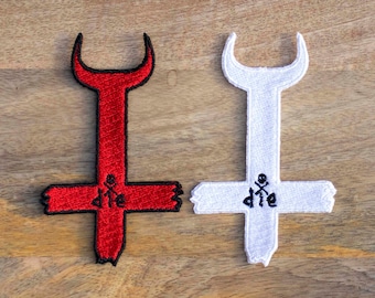 Inverted Cross Embroidered Iron-on Patch - Upside Down Cross Velcro Patch - Anti Religion AntiChrist Demon Horns Sew On patch
