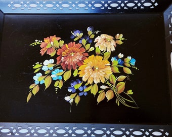 Vintage black tole metal tray with pink and white flowers and gold handles