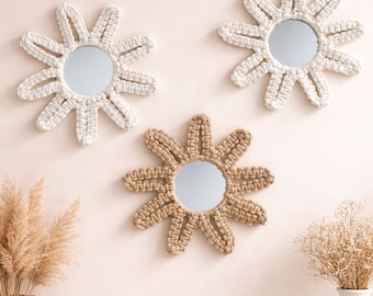 Juego de espejos de macramé con forma de flor, decoración de pared bohemia con margaritas, arte para habitación infantil de estilo costero.
