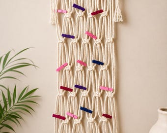 Exhibidor de fotos de macramé para pared – Soporte de decoración estilo boho de madera flotante para dormitorio universitario