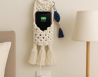 Macrame Phone Holder Wall Pocket, Boho Bedside Organizer, iPhone Charging Station
