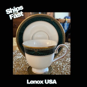 BOGO Buy One Get One Free on Lenox Vintage Bone China Classic Edition Footed Cup & Saucer Sets, White, Gold Band/Green Marble