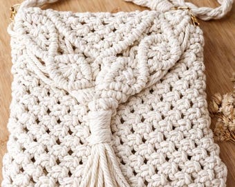 Bolso bandolera de macramé – Monedero bohemio de algodón con borla