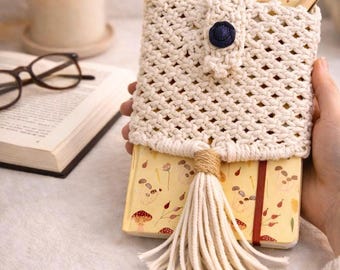 Juego de fundas de diario de macramé hechas a mano: regalo de cuaderno bohemio con bolígrafo de madera