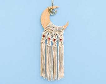 Tapiz de macramé con forma de luna creciente – Decoración bohemia de madera, regalo artesanal para madres