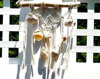 Coastal Macrame Wall Hanging, Driftwood Seashell Decor, Boho Beach House Art
