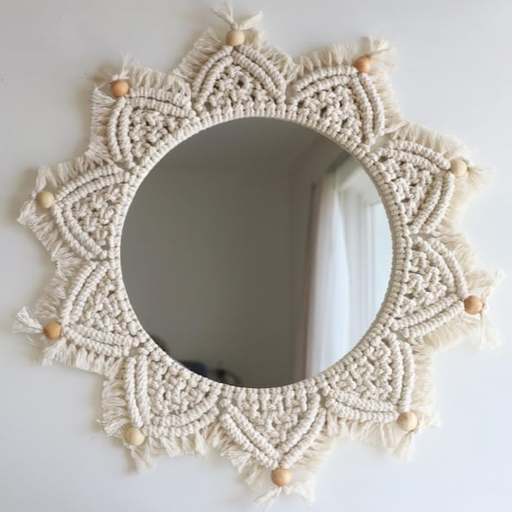 Handmade Macrame Mirror: Boho Wall Art with Wooden Beads
