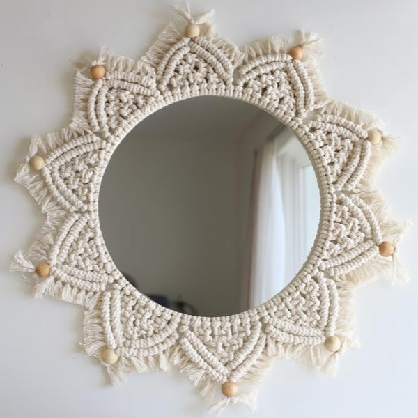 Handmade Macrame Mirror: Boho Wall Art with Wooden Beads